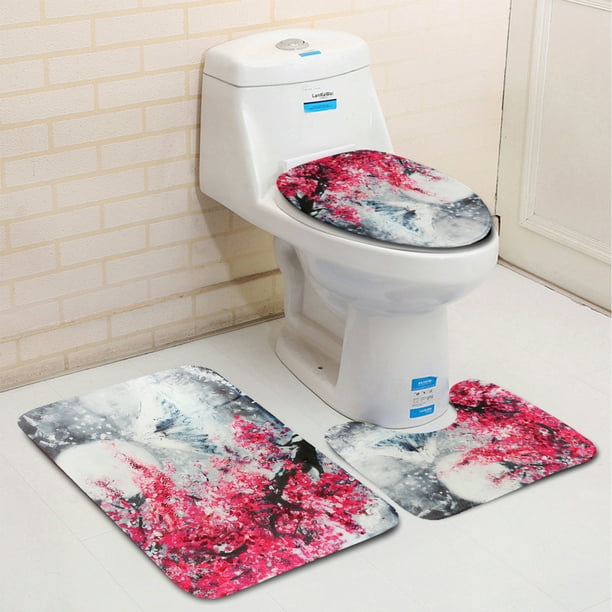 1//3//4PCS Sakura Snow Mountain Bathroom Shower Curtain Toilet Cover Mat Non-Slip